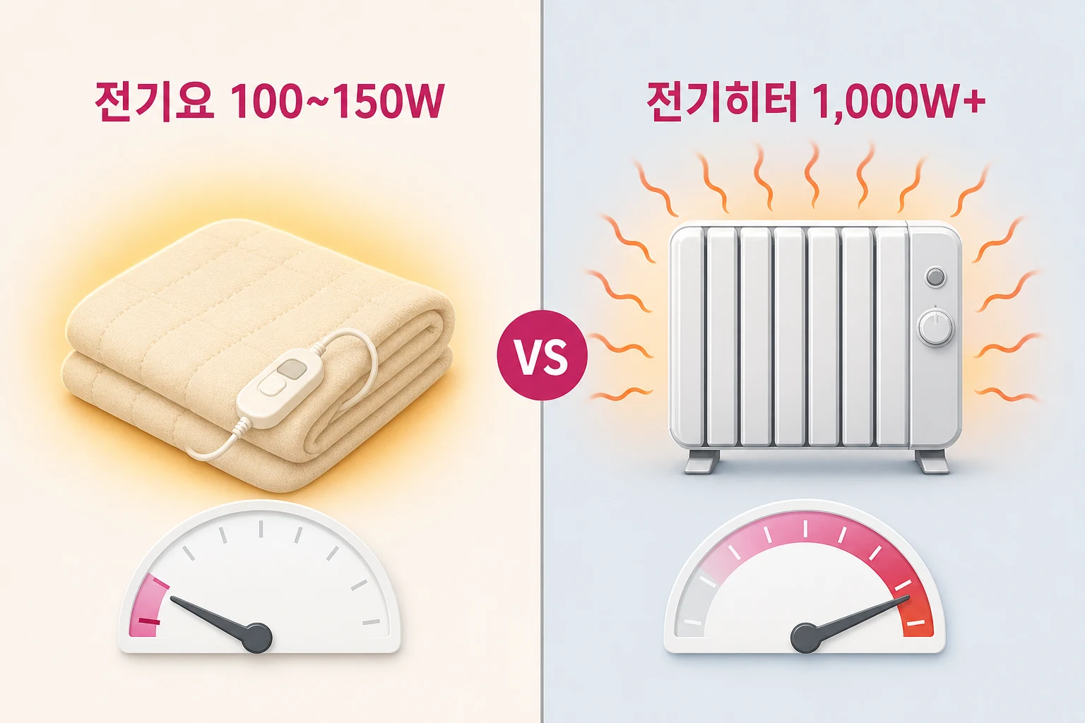 전기요와 전기히터의 소비전력 비교 다이어그램: 전기요 100~150W vs 전기히터 1,000W 이상