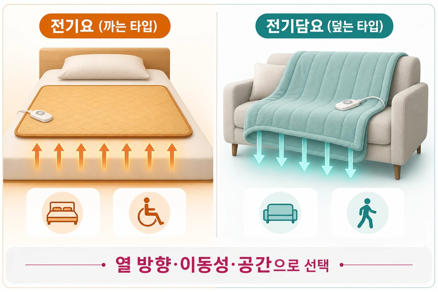 전기요와 전기담요의 열 전달 방향, 주요 사용 공간, 이동성을 비교한 핵심 비교 다이어그램