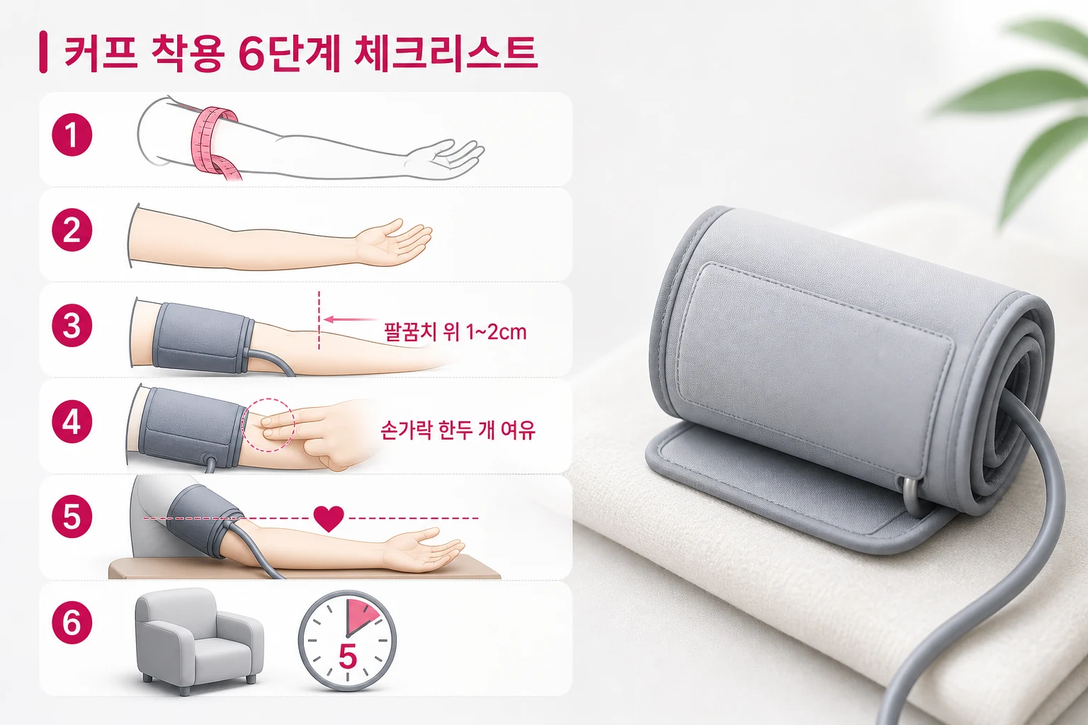 올바른 혈압계 커프 착용법 6단계 체크리스트: 팔 둘레 확인부터 5분 안정까지 순서별 핵심 포인트 정리