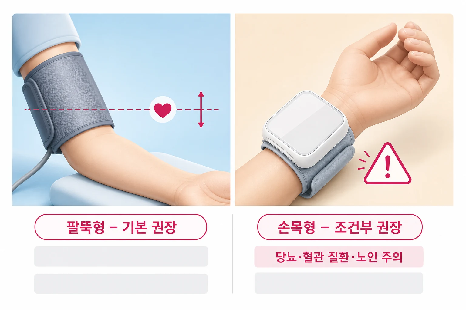 부모님 선물 혈압계: 팔뚝형 vs 손목형 선택 기준 비교 팔뚝형과 손목형 혈압계의 측정 방식, 정확도, 어르신 적합도를 비교한 다이어그램