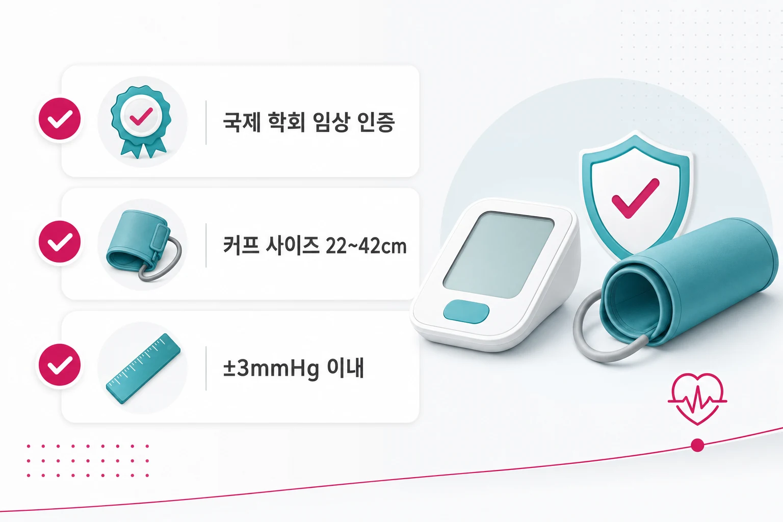 가정용 혈압계 선택 핵심 기준 3가지 체크리스트: 국제 학회 임상 인증, 커프 사이즈 적합성, 측정 오차 범위