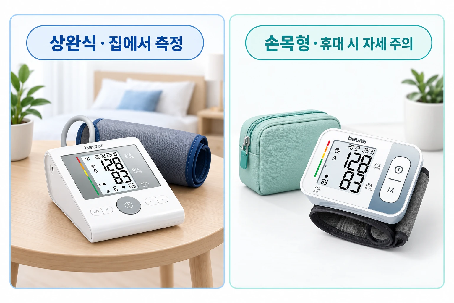상완식은 집에서 측정, 손목형은 휴대 시 측정 자세에 주의: BM28·BC28 외형 참고