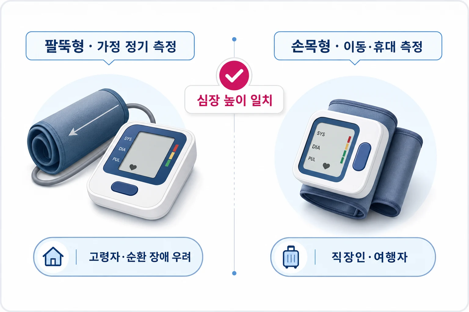 팔뚝형 vs 손목형 혈압계 선택 기준 비교 팔뚝형과 손목형 혈압계의 측정 환경·적합 대상·휴대성을 좌우 비교한 다이어그램